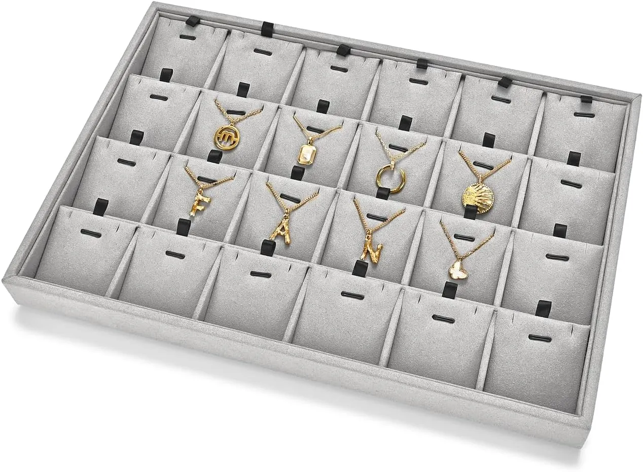 24 Grids Necklace Tray Jewelry Display Tray Necklace Holder Organizer for Drawers With Removable Jewelery Cards Pendant Bracelet Storage Holder (Grey