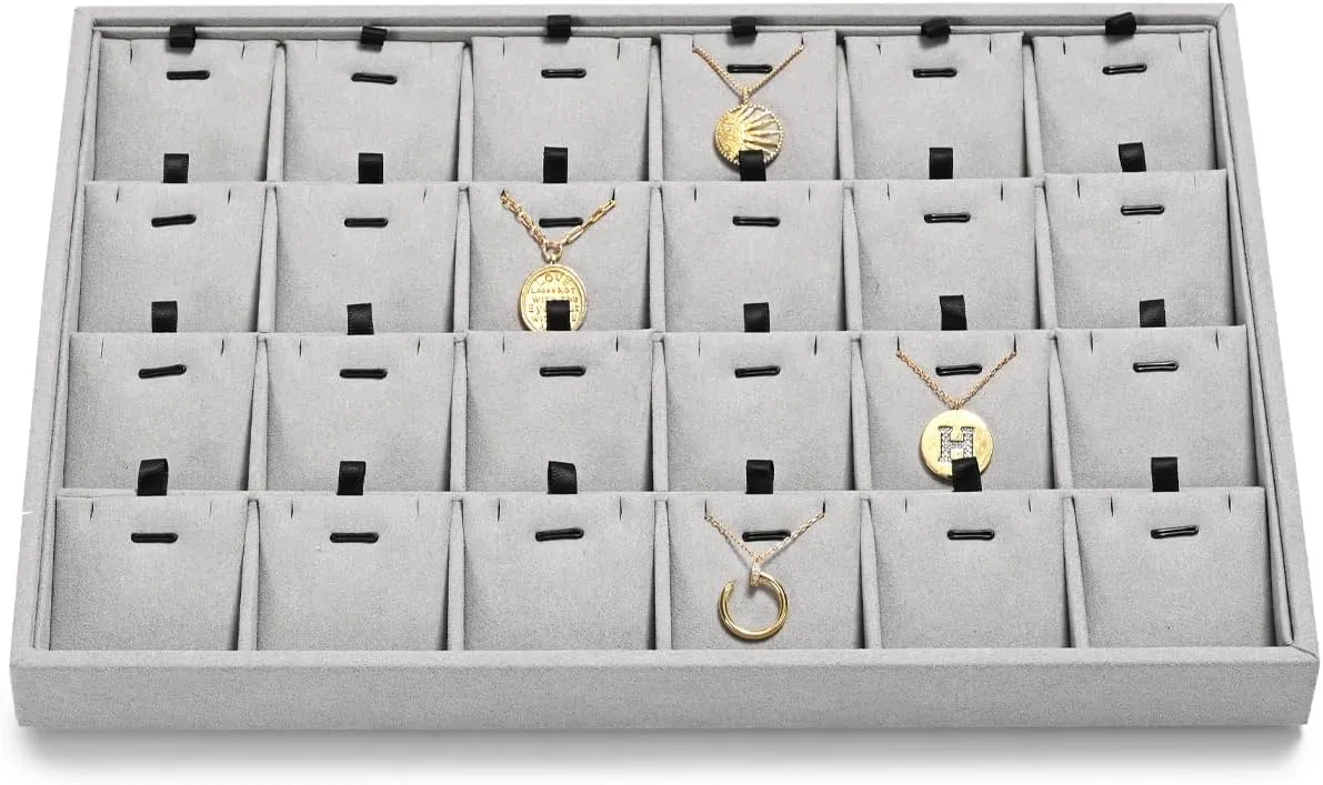 24 Grids Necklace Tray Jewelry Display Tray Necklace Holder Organizer for Drawers With Removable Jewelery Cards Pendant Bracelet Storage Holder (Grey