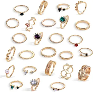 26 Pcs Gold Vintage Stackable Boho Knuckle Rings Set for Women Crystal Dainty Finger Jewelry Midi Hollow Rings Pack with Sparkling Crystals Cute Accessories Retro Style for Everyday Wear