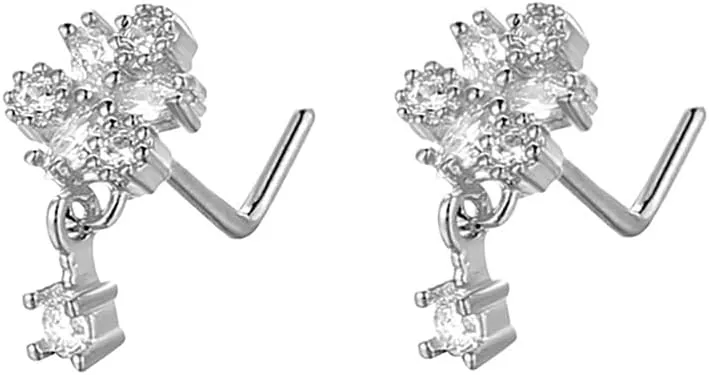 2Pcs 20G CZ Flower Dangle Nose Rings for Women Stainless Steel L-Shaped Nose Studs Rings Dangling Nostril Nose Piercing Jewelry
