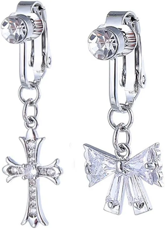 2Pcs Cross Bow Fake Belly Button Rings Non Piercing Clip On Navel Rings Sparkling CZ Belly Barbell Fake Body Piercing Jewelry for Women