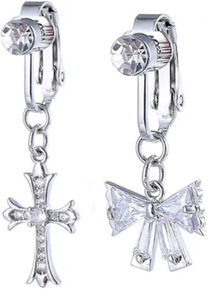2Pcs Cross Bow Fake Belly Button Rings Non Piercing Clip On Navel Rings Sparkling CZ Belly Barbell Fake Body Piercing Jewelry for Women