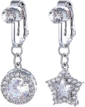 2Pcs CZ Round Star Fake Belly Button Rings for Women Surgical Steel Clip On Non-Piercing Fake Navel Rings Sparkling Crystal Fake Belly Jewelry