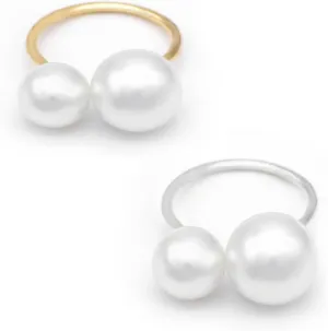 2Pcs Double Pearls Rings for Women,Vintage Large Pearl Rings Adjustable Dainty Pearls Finger Rings Minimalist Jewelry Gifts