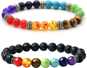 2pcs Lava Rock 7 Chakra Bracelet Aromatherapy Essential Oil Diffuser Couples Yoga Beads Lava Stone Stretch Bracelet for Men Women