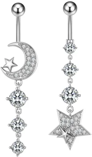 2Pcs Stainless Steel Star Moon Belly Button Rings 14G Clear CZ Dangle Belly Navel Rings Belly Barbell Sparkling Body Piercing Jewelry for Women