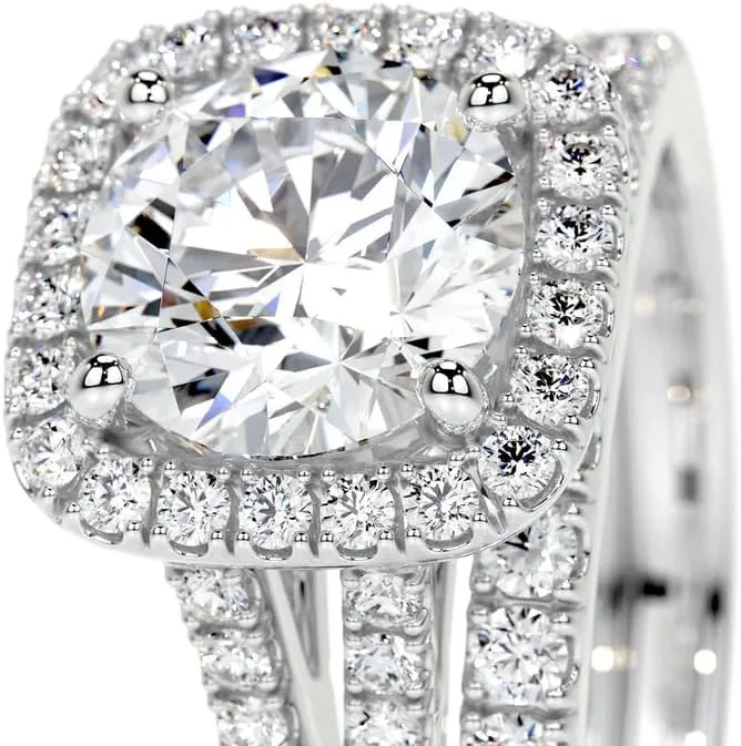 3 Carat (ctw) Halo Bridal Set Moissanite Engagement Rings for women Platinum Plated Silver Ring Moissanite Rings