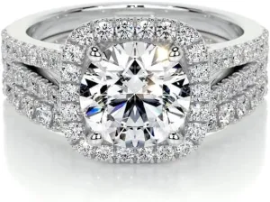 3 Carat (ctw) Halo Bridal Set Moissanite Engagement Rings for women Platinum Plated Silver Ring Moissanite Rings