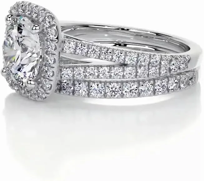 3 Carat (ctw) Halo Bridal Set Moissanite Engagement Rings for women Platinum Plated Silver Ring Moissanite Rings