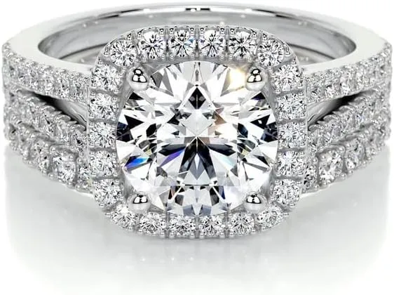 3 Carat (ctw) Halo Bridal Set Moissanite Engagement Rings for women Platinum Plated Silver Ring Moissanite Rings