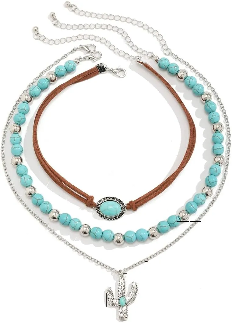 3 PCS Layered Bohemian Turquoise Layered Necklaces for Women Vintage Punk Cowgirl Cowboy Pendant Choker Chain Necklace Jewelry for Women