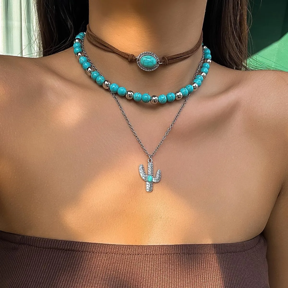 3 PCS Layered Bohemian Turquoise Layered Necklaces for Women Vintage Punk Cowgirl Cowboy Pendant Choker Chain Necklace Jewelry for Women