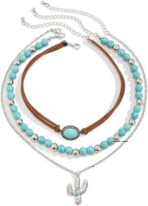 3 PCS Layered Bohemian Turquoise Layered Necklaces for Women Vintage Punk Cowgirl Cowboy Pendant Choker Chain Necklace Jewelry for Women