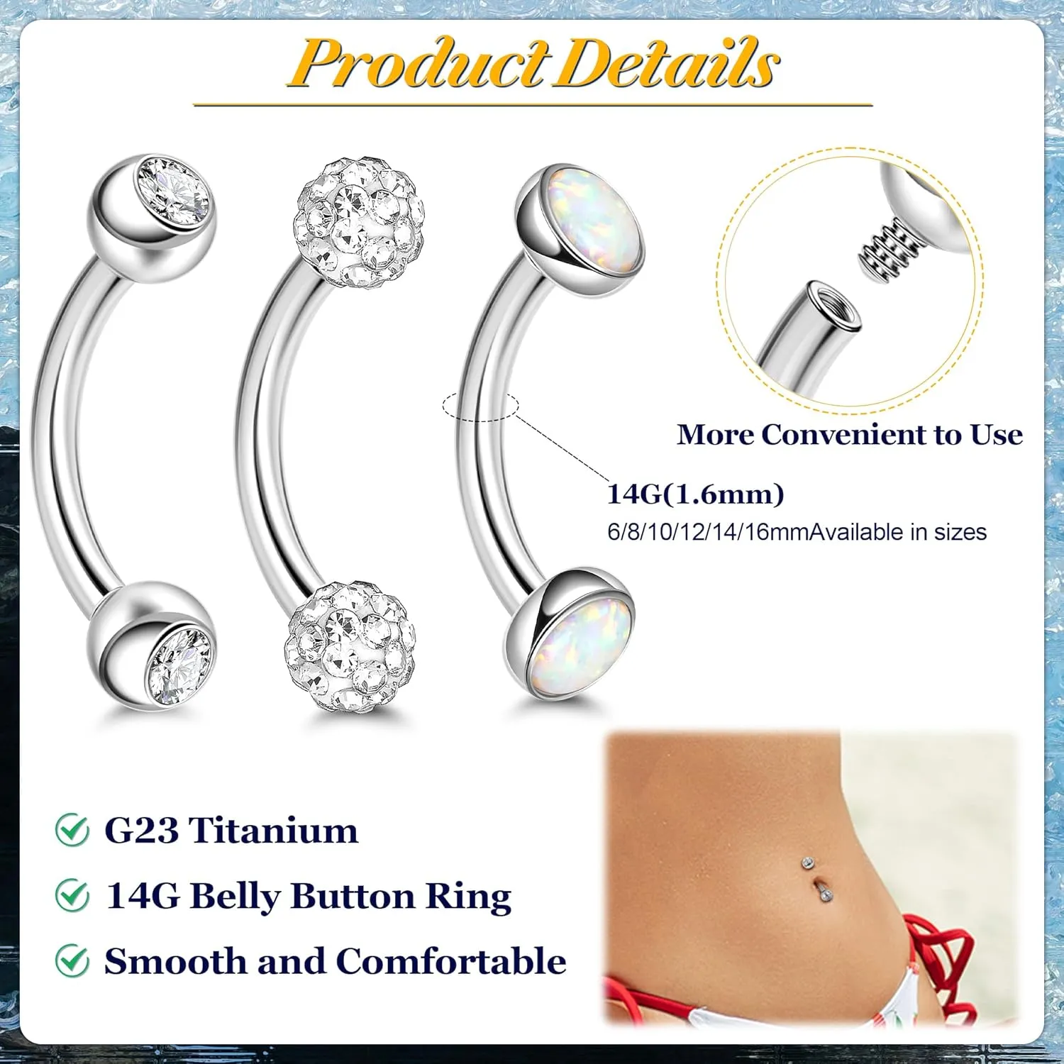 3Pcs 14G G23 Titanium Belly Rings for Women Petite Hypoallergenic Belly Button Rings Tiny Cubic Zirconia Navel Rings Small Opal Belly Piercing Barbells 6/8/10/12/14/16mm