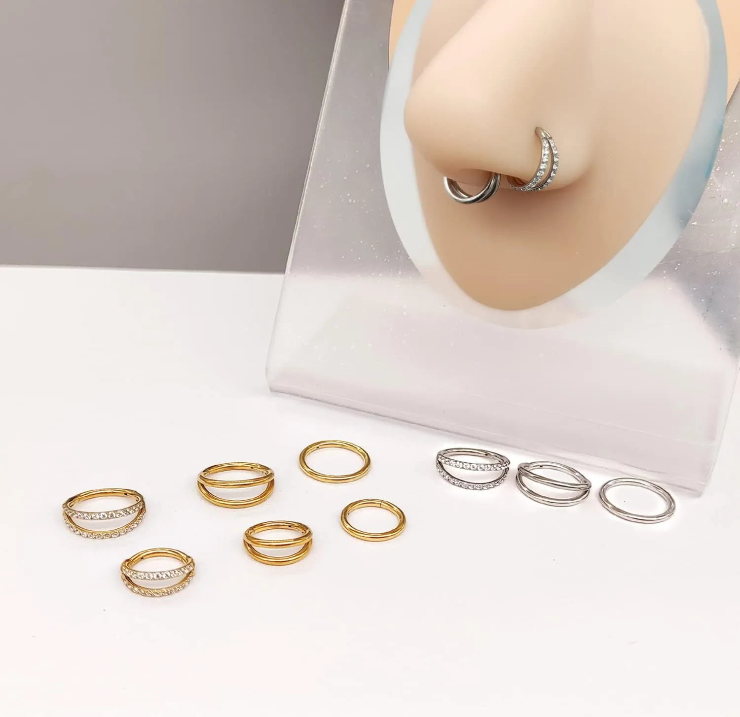 3Pcs 16G 18G Nose Ring Hoops Septum Rings 8mm 10mm Surgical Steel Double Hoop Nose Ring- Double Row Diamonds Hinged Segment Hoop , Lip Conch Helix Cartilage Daith Piercing Jewelry for Women Girl Men