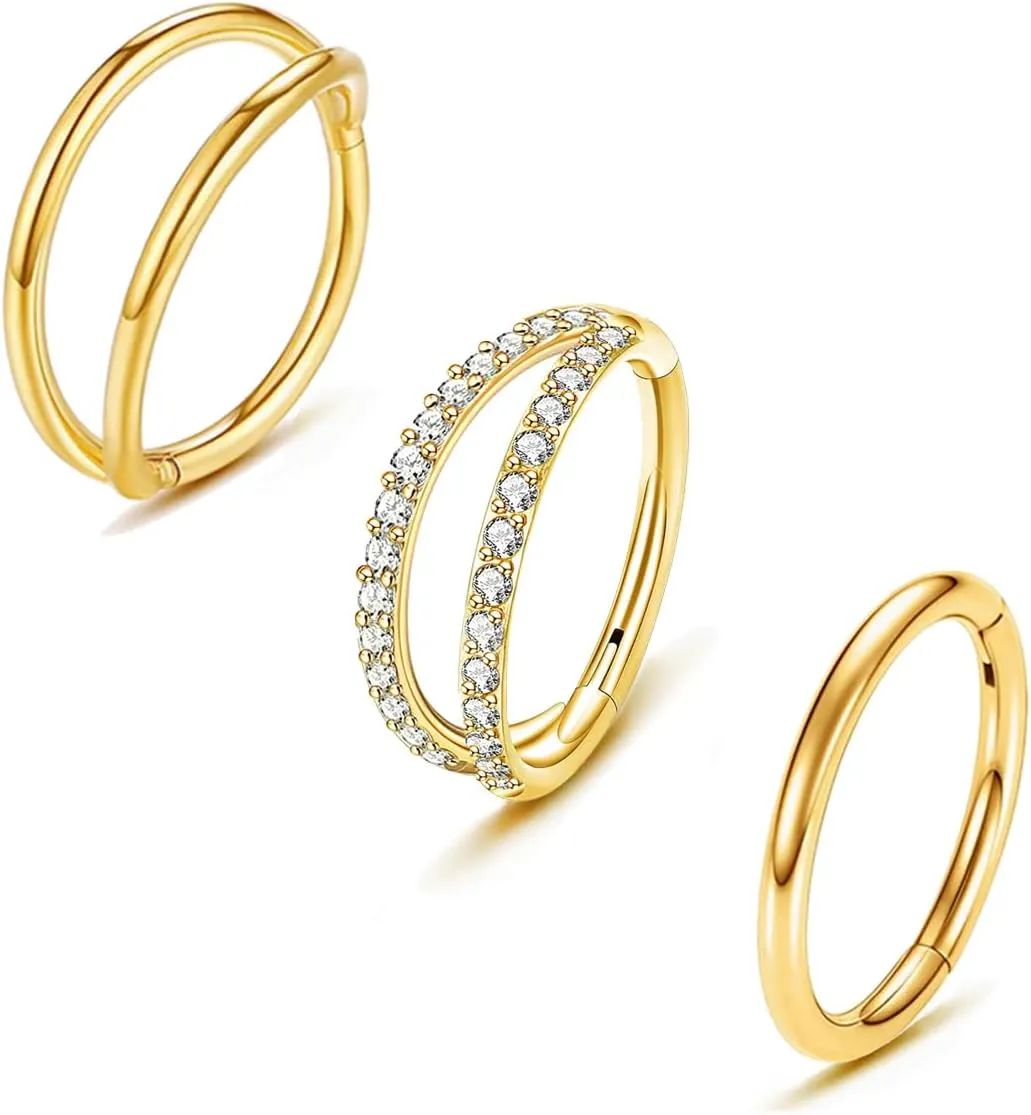 3Pcs 16G 18G Nose Ring Hoops Septum Rings 8mm 10mm Surgical Steel Double Hoop Nose Ring- Double Row Diamonds Hinged Segment Hoop , Lip Conch Helix Cartilage Daith Piercing Jewelry for Women Girl Men