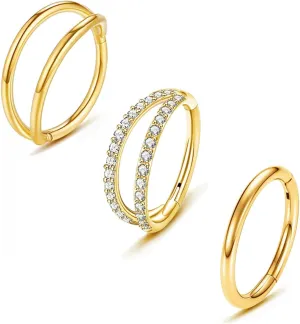 3Pcs 16G 18G Nose Ring Hoops Septum Rings 8mm 10mm Surgical Steel Double Hoop Nose Ring- Double Row Diamonds Hinged Segment Hoop , Lip Conch Helix Cartilage Daith Piercing Jewelry for Women Girl Men