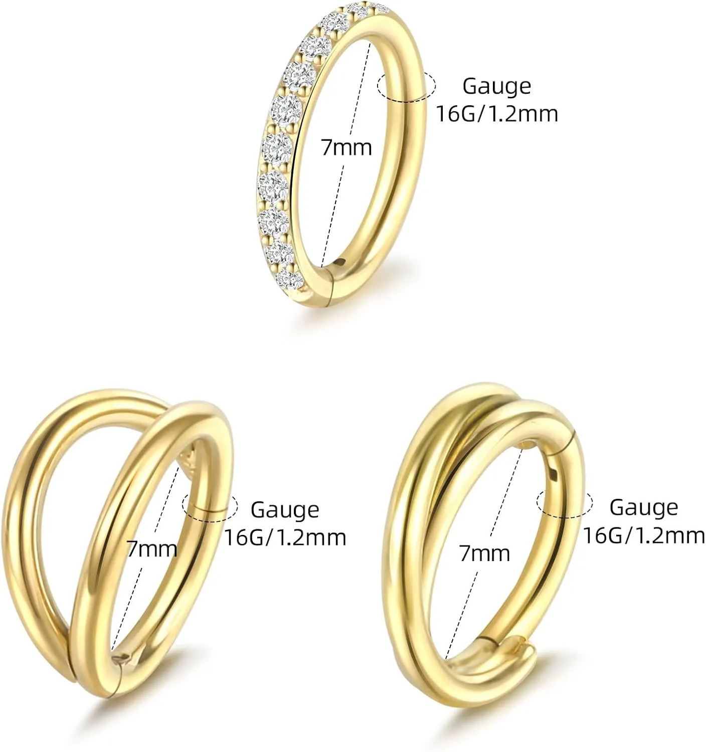 3PCS Nose Rings Hoops 316L Surgical Steel Double Hoop Nose Rings Hinged Septum Ring Cartilage Helix Rook Tragus Daith Earring Hoops 7mm 8mm 9mm