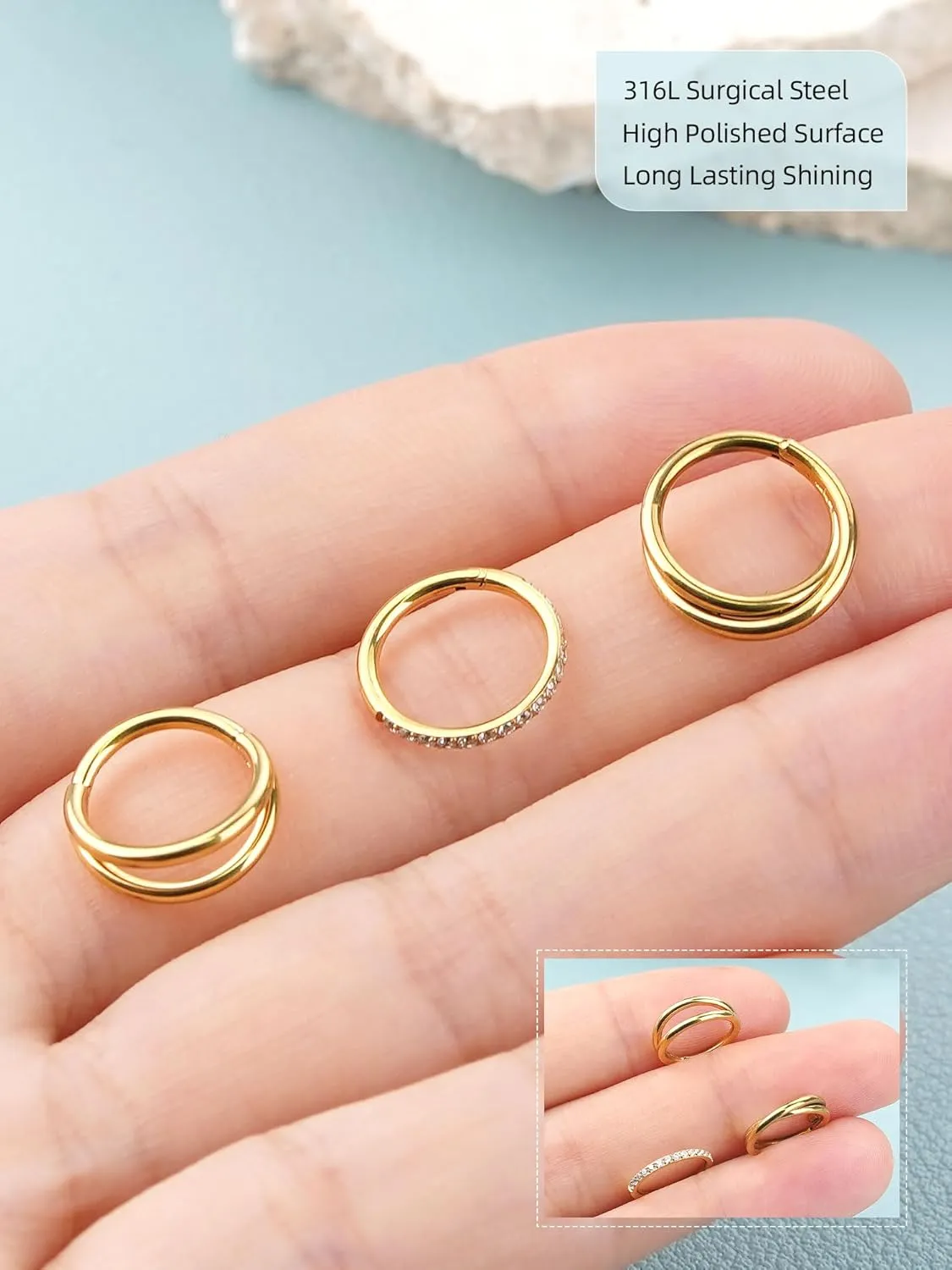 3PCS Nose Rings Hoops 316L Surgical Steel Double Hoop Nose Rings Hinged Septum Ring Cartilage Helix Rook Tragus Daith Earring Hoops 7mm 8mm 9mm
