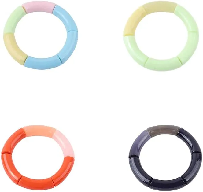 4 Pcs Set Summer Bamboo Tube Bangles Resin Bracelet Chunky Curved Stacking Clear Acrylic Colorful Beads Stretchable Bracelets For Women