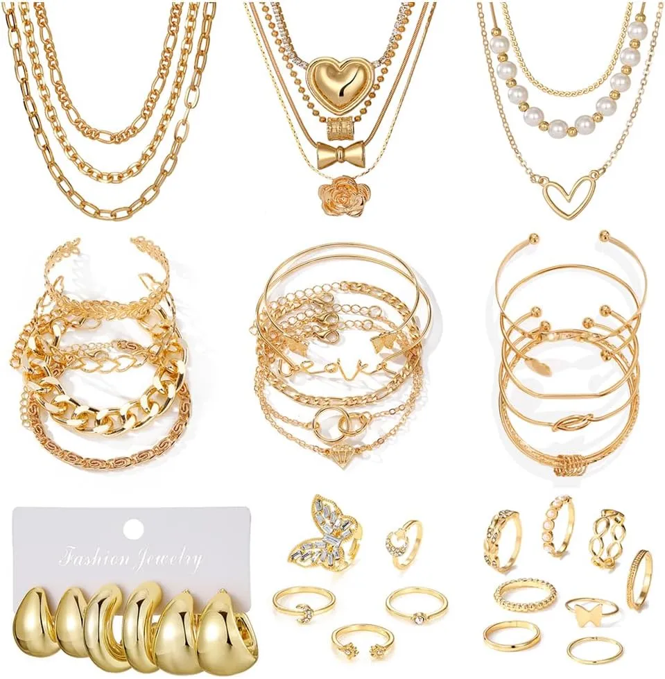 43 PCS Gold Jewelry Set for Women, Delicate Teardrop Hoop Earrings, Elegant Knuckle Rings, Adjustable Bracelets and Necklaces, Perfect Fashion Anniversary Birthday Jewelry Gift Packs