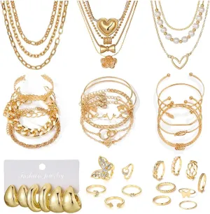 43 PCS Gold Jewelry Set for Women, Delicate Teardrop Hoop Earrings, Elegant Knuckle Rings, Adjustable Bracelets and Necklaces, Perfect Fashion Anniversary Birthday Jewelry Gift Packs