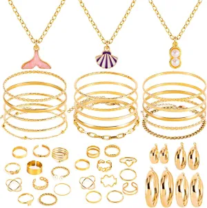 44-65pcs Golden Silver Plated Jewelry Sets Necklaces,Bracelets Bangles,Earring,Rings for Women Valentine Anniversary Birthday Friendship