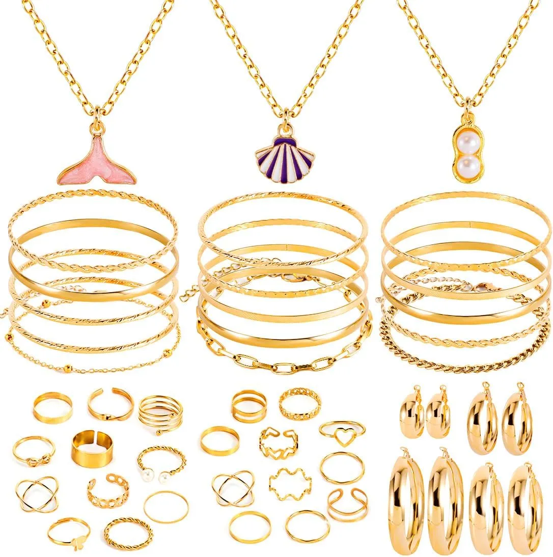 44-65pcs Golden Silver Plated Jewelry Sets Necklaces,Bracelets Bangles,Earring,Rings for Women Valentine Anniversary Birthday Friendship