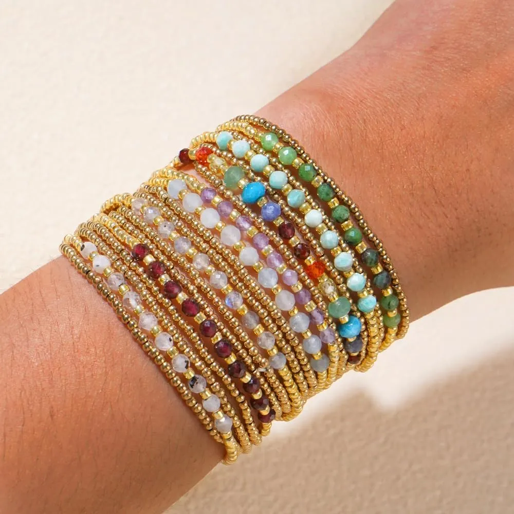 4Pcs Gold Beaded Colorful Bracelets Set for Women Multi Layer Versatile Stackable Stretch Cuff Sparkly Glass Crystal Gemstone Jewelry Birthday Gifts