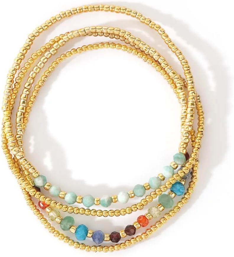 4Pcs Gold Beaded Colorful Bracelets Set for Women Multi Layer Versatile Stackable Stretch Cuff Sparkly Glass Crystal Gemstone Jewelry Birthday Gifts
