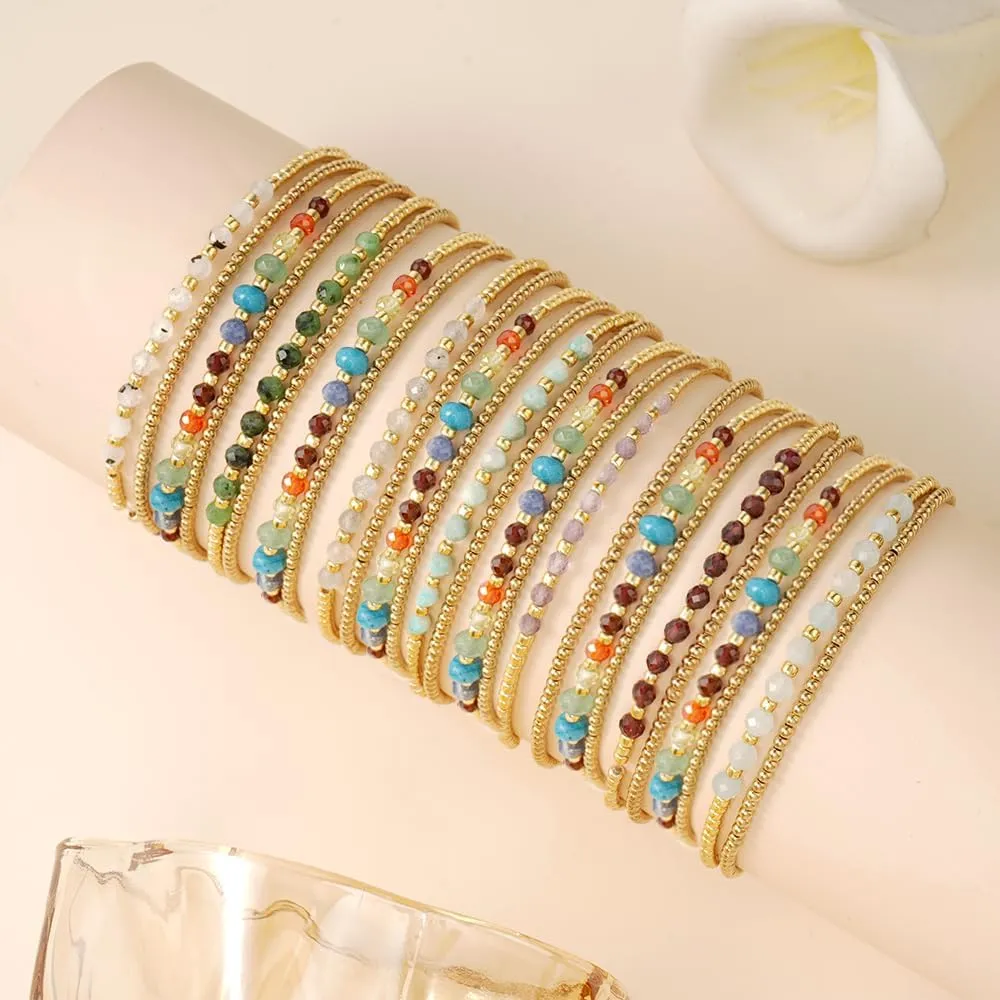 4Pcs Gold Beaded Colorful Bracelets Set for Women Multi Layer Versatile Stackable Stretch Cuff Sparkly Glass Crystal Gemstone Jewelry Birthday Gifts