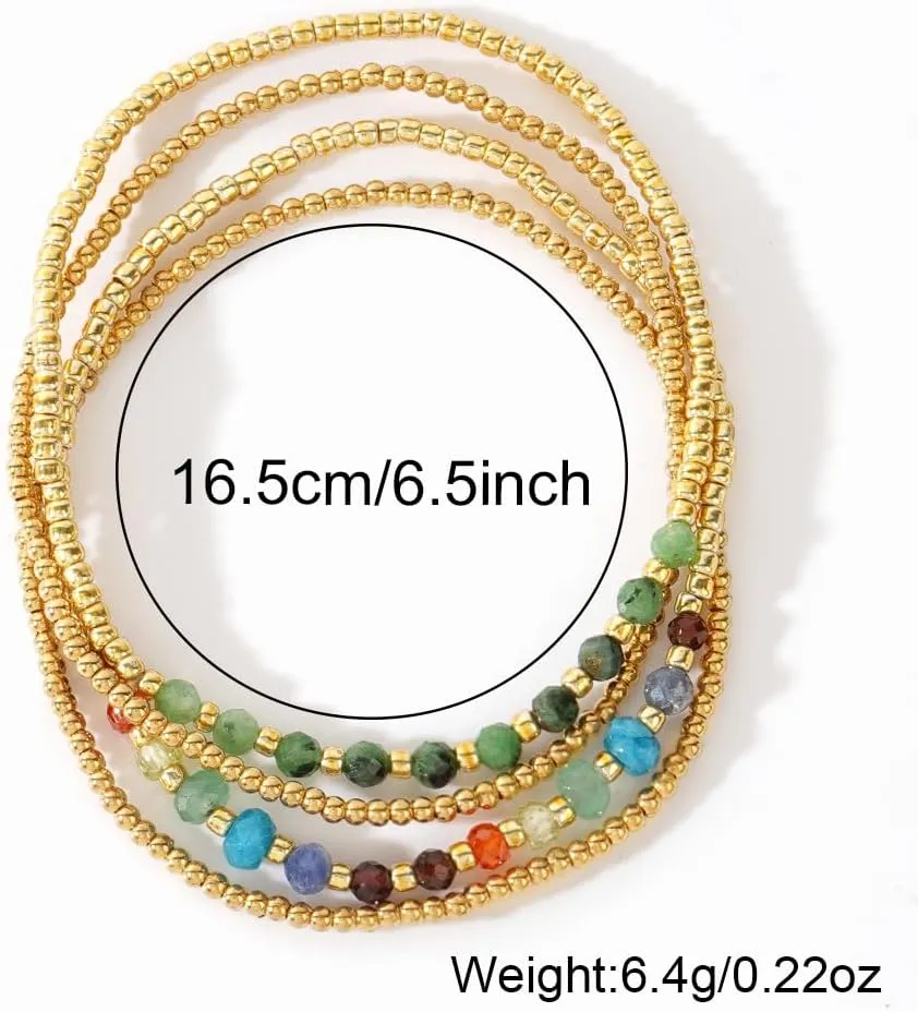 4Pcs Gold Beaded Colorful Bracelets Set for Women Multi Layer Versatile Stackable Stretch Cuff Sparkly Glass Crystal Gemstone Jewelry Birthday Gifts