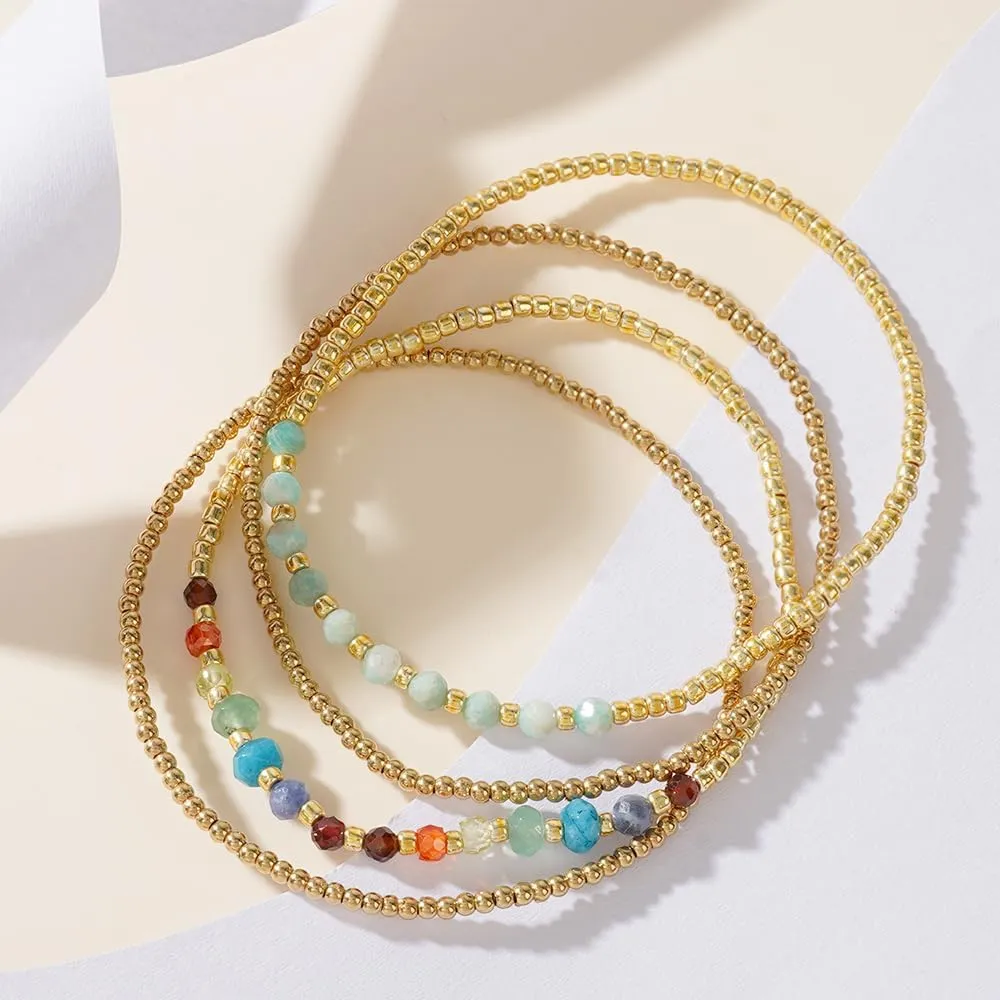 4Pcs Gold Beaded Colorful Bracelets Set for Women Multi Layer Versatile Stackable Stretch Cuff Sparkly Glass Crystal Gemstone Jewelry Birthday Gifts