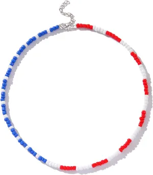 4th of July Necklace Beaded Necklace for women,Red White Blue Choker Necklace American Flag USA Necklace Independent Day Patriotic Colorful Seed Beads Necklace Holiday Jewelry