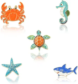 5 PCS Ocean Animal Brooch Pins,Cartoon Starfish Seahorse Crab Shark Sea Turtle Brooch Badges Enamel Lapel Pin Cute Breastpin for Birthday Girls Boys Kids Clothes Scarf Backpack Accessories Party Gift