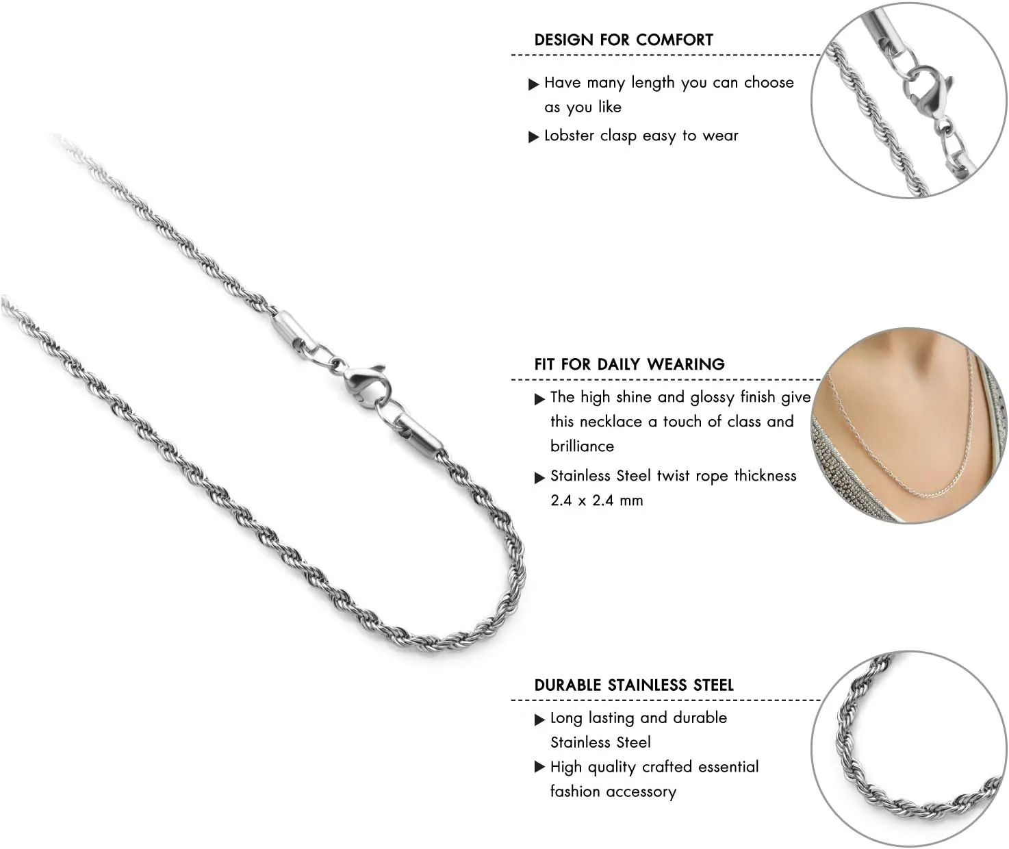 555Jewelry Stainless Steel Hypoallergenic Twisted Singapore Rope Chain Necklace