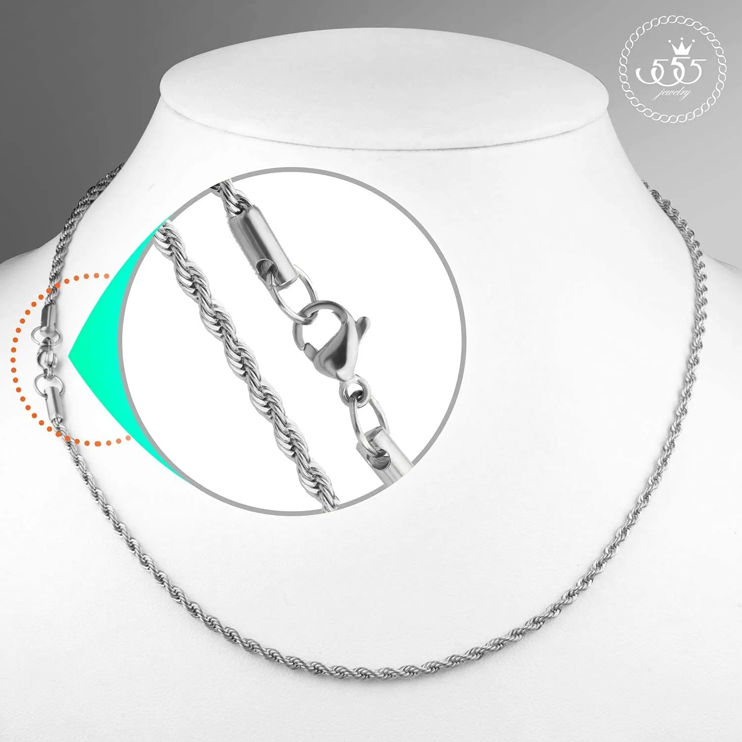 555Jewelry Stainless Steel Hypoallergenic Twisted Singapore Rope Chain Necklace