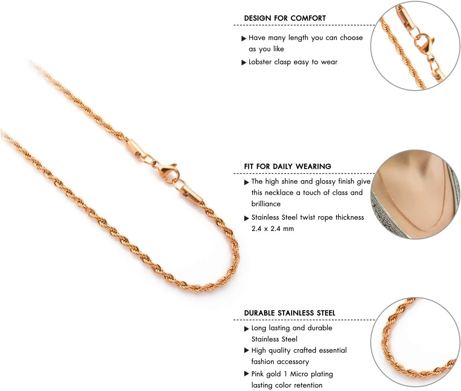 555Jewelry Stainless Steel Hypoallergenic Twisted Singapore Rope Chain Necklace