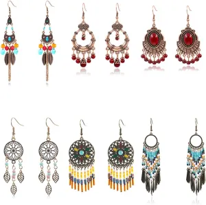6 Pairs Boho Vintage Geometric Ethnic Style Drop Dangle Earings, Carved Pendant Earings for Women