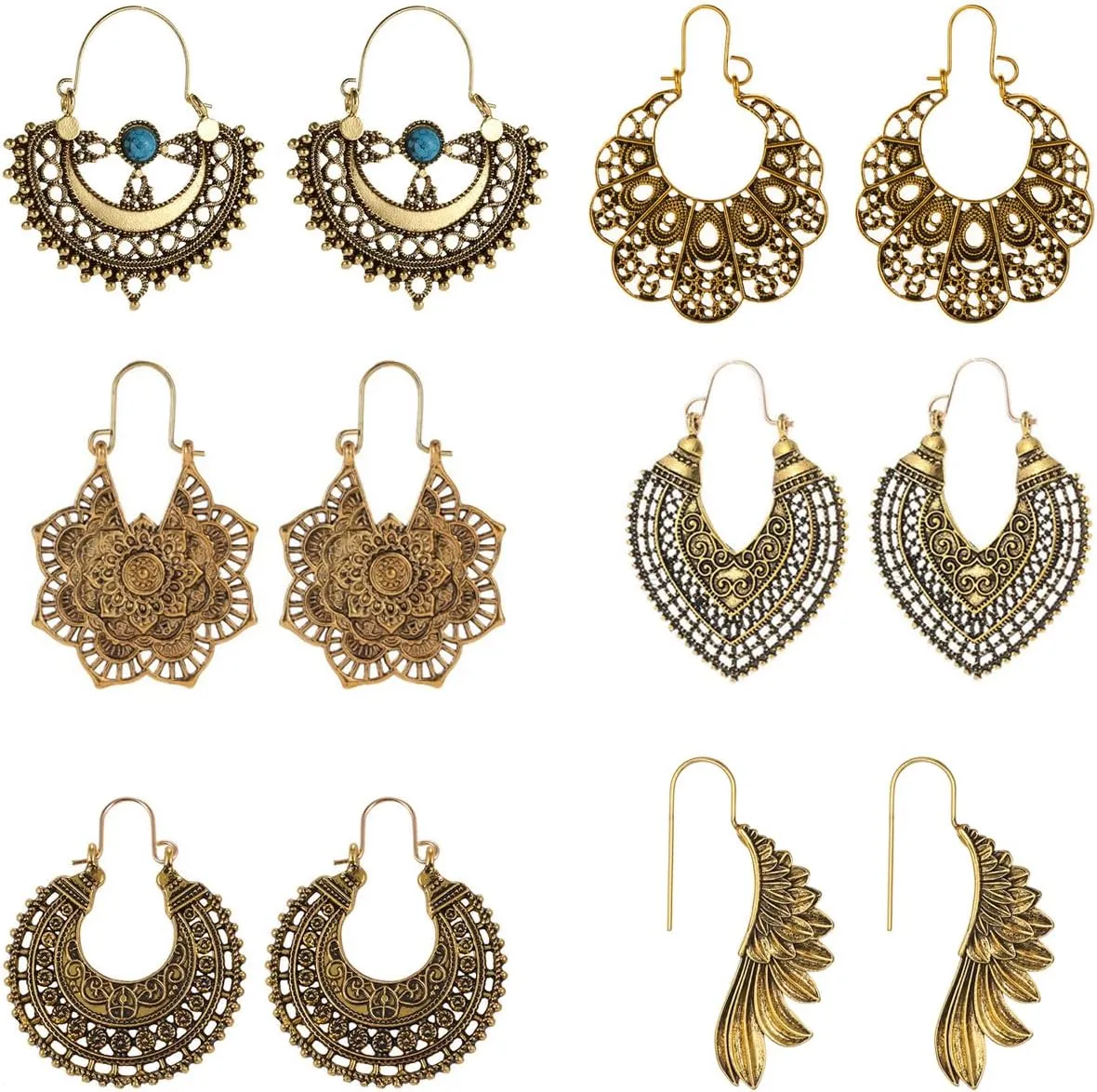 6 Pairs Boho Vintage Geometric Ethnic Style Drop Earings, Carved Pendant Earings for Women