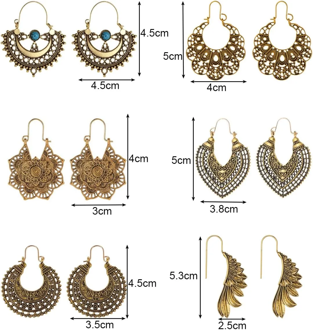 6 Pairs Boho Vintage Geometric Ethnic Style Drop Earings, Carved Pendant Earings for Women