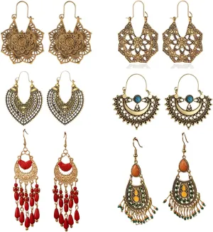 6 Pairs Boho Vintage Geometric Ethnic Style Drop Earings, Carved Pendant Earings for Women