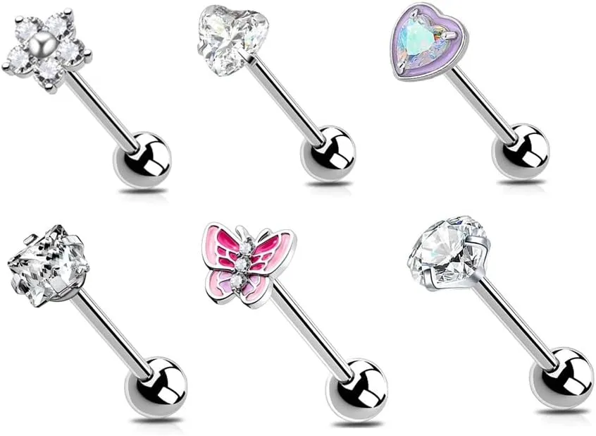 6Pcs Surgical Steel CZ Tongue Rings Sparkling Round Heart Flower Pink Butterfly Tongue Barbell Tongue Piercing Jewelry for Women