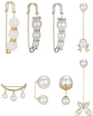 8Pcs Pearl Brooch Pins Safety Pins for Women Girls Sweater Shawl Hat Clip Neckline Pins Faux Pearl Rhinestones Brooch Fashion Clothing Pants Dress Skirt Waist Accessories (Style 4)