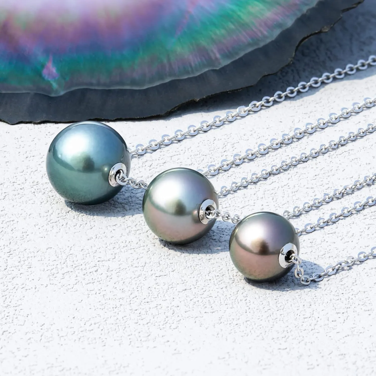 9-14MM Genuine Tahitian Black Pearl Necklace, AAA Quality Handpicked Nature Tahitian Black Pearls, 18K Solid White Gold Pendant, 40 2 3mm Adjustable 14K Gold or Sterling Silver Chain