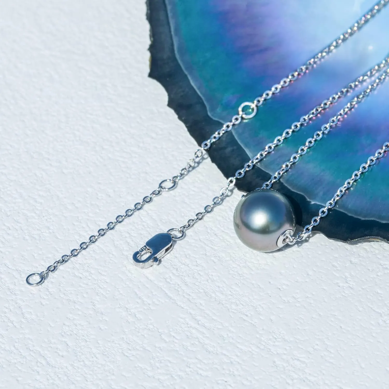 9-14MM Genuine Tahitian Black Pearl Necklace, AAA Quality Handpicked Nature Tahitian Black Pearls, 18K Solid White Gold Pendant, 40 2 3mm Adjustable 14K Gold or Sterling Silver Chain