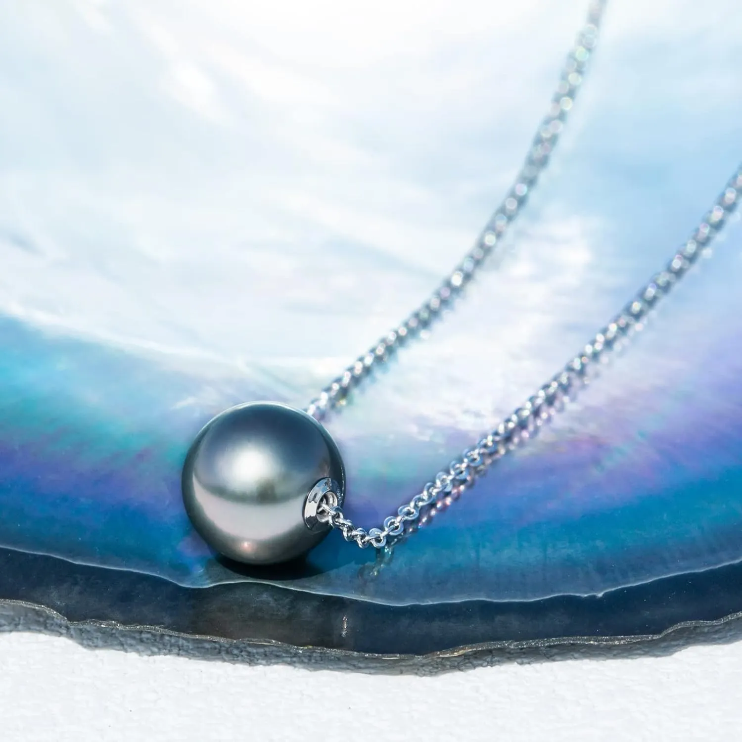 9-14MM Genuine Tahitian Black Pearl Necklace, AAA Quality Handpicked Nature Tahitian Black Pearls, 18K Solid White Gold Pendant, 40 2 3mm Adjustable 14K Gold or Sterling Silver Chain