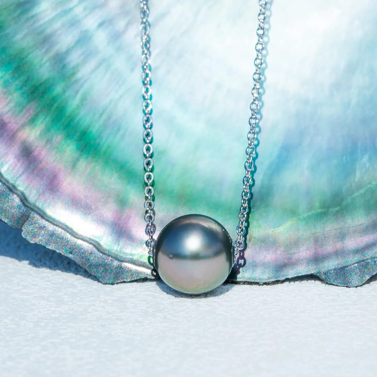 9-14MM Genuine Tahitian Black Pearl Necklace, AAA Quality Handpicked Nature Tahitian Black Pearls, 18K Solid White Gold Pendant, 40 2 3mm Adjustable 14K Gold or Sterling Silver Chain