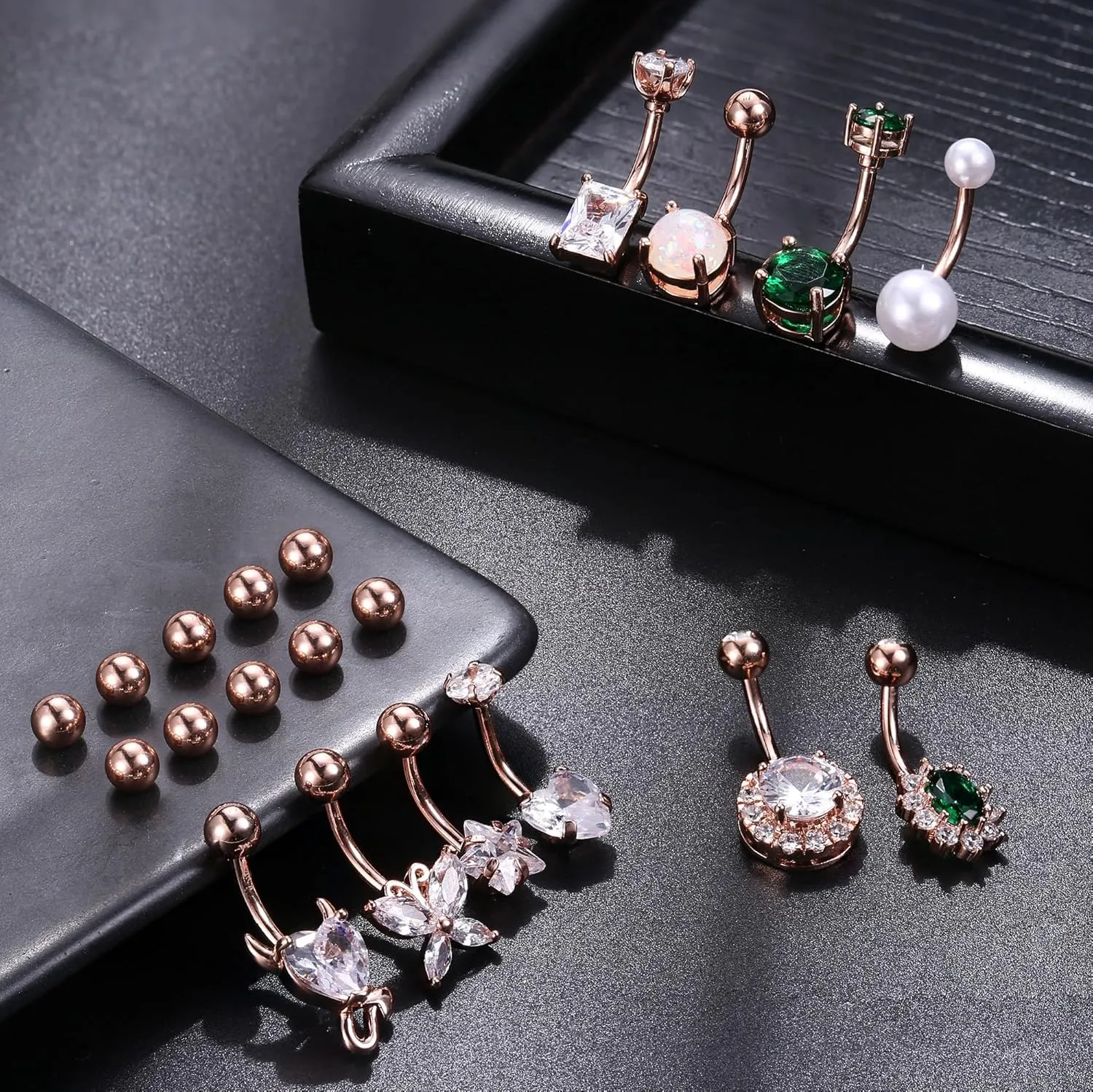 9/10PCS Surgical Stainless Steel Hypoallergenic Belly Button Rings with Extra Replacement Balls, Trendy Dangle Belly Button Piercing Jewelry for Women, 14G - Silver/Gold/Rose Gold