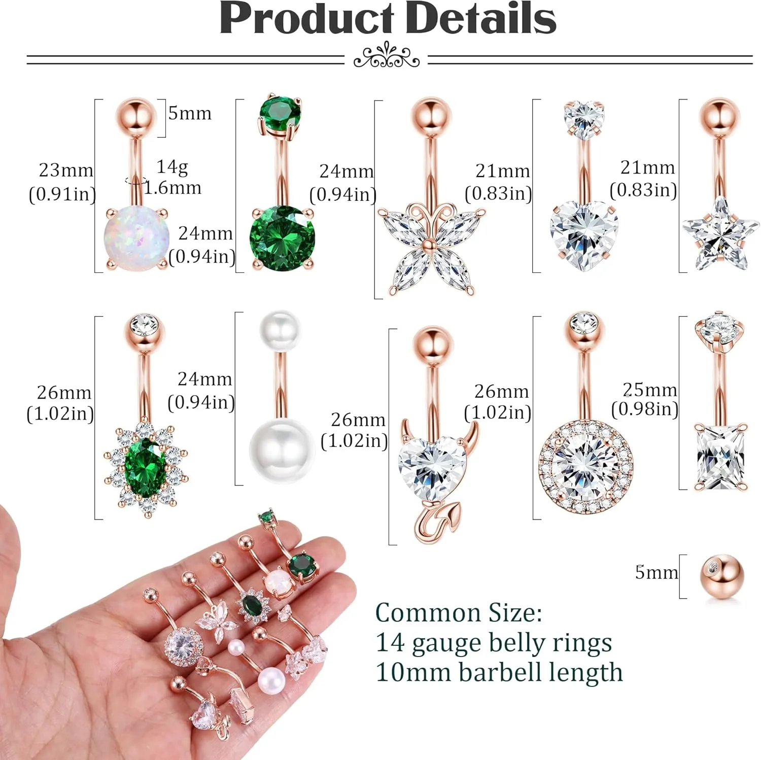 9/10PCS Surgical Stainless Steel Hypoallergenic Belly Button Rings with Extra Replacement Balls, Trendy Dangle Belly Button Piercing Jewelry for Women, 14G - Silver/Gold/Rose Gold